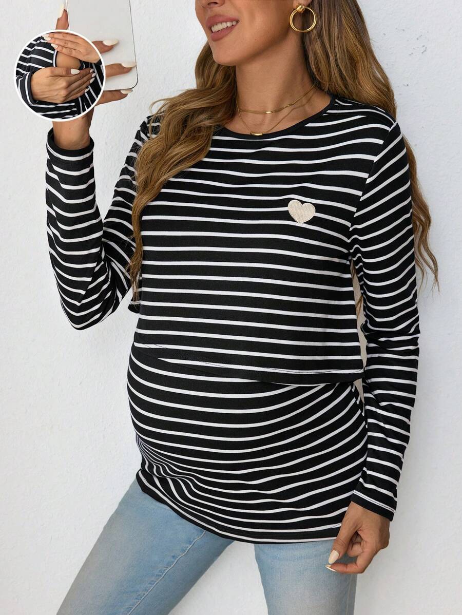 SHEIN Maternity Casual Heart Embroidery Nursing Tops Fitted Round Neck Long Sleeve Pregnant Women T-Shirt