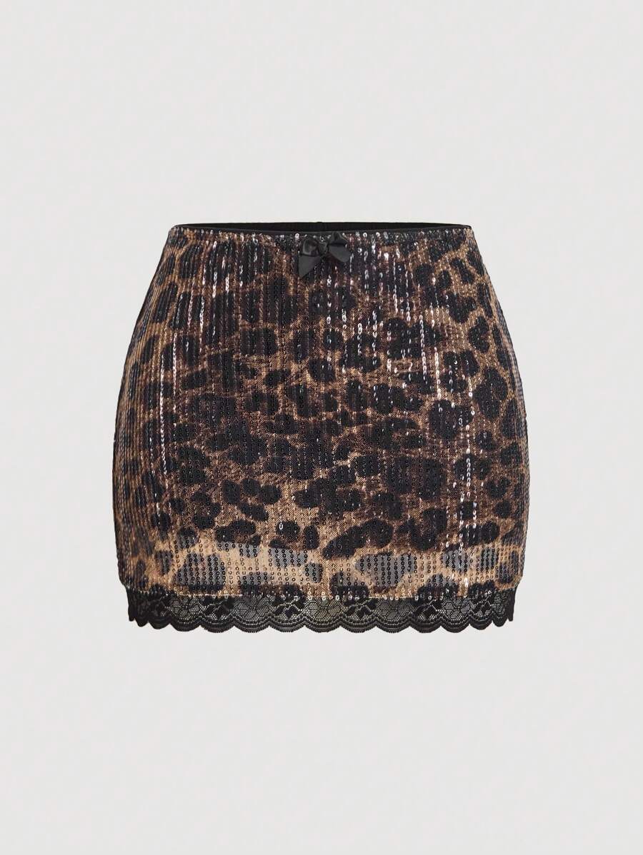SHEIN MOD Minifalda de cintura baja con estampado de leopardo y decoración de lentejuelas, casual para vacaciones, falda de malla, ropa de mujer hippie, falda metálica