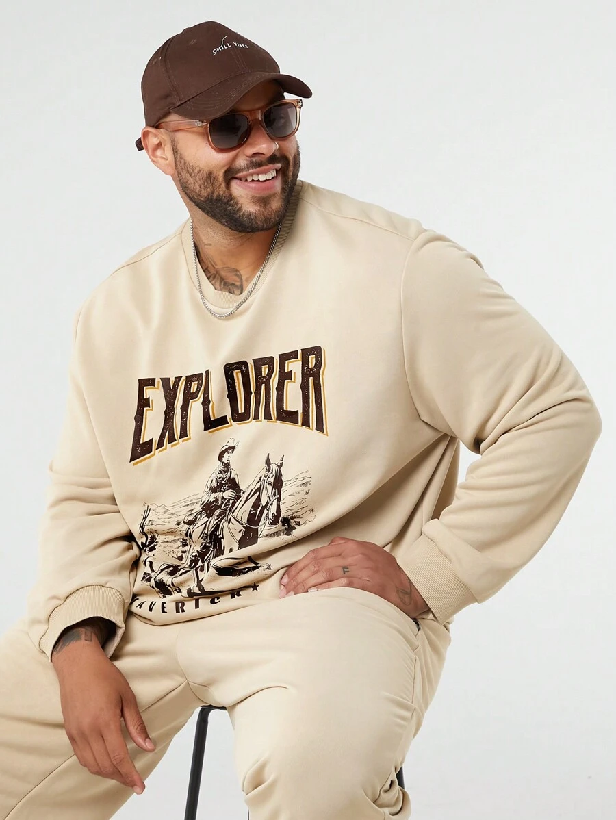 Manfinity NXTstreet Set de 2 piezas de sudadera y pantalón holgados con estampado gráfico de caballo para hombres de talla grande