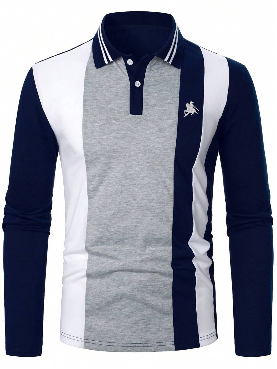 Manfinity Bizformal Camisa polo de manga larga con cuello casual de negocios para hombres, camisa polo clásica de bloques de color azul y blanco para hombres, para salir, para el esposo