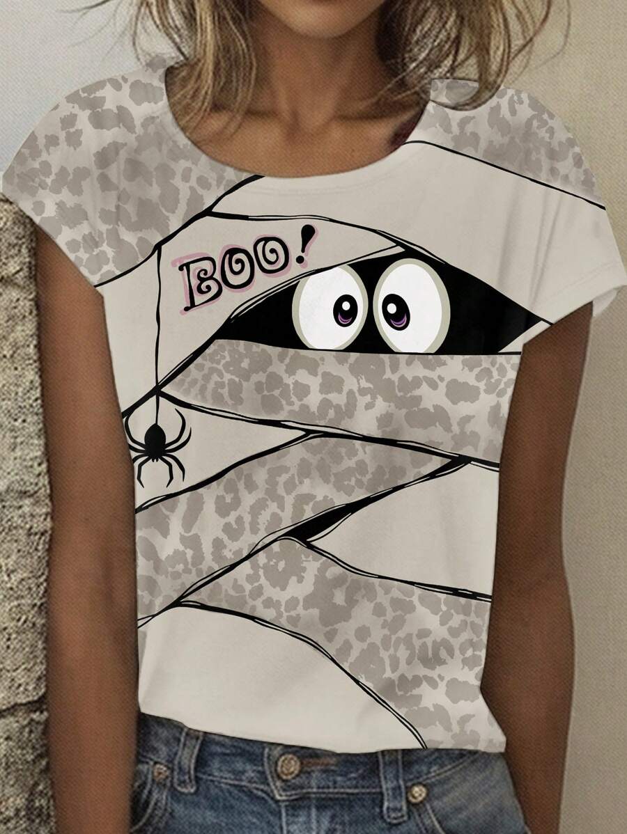 SHEIN LUNE Camiseta casual con estampado de rayas, araña, fantasma y leopardo, tallas grandes, para verano y otoño