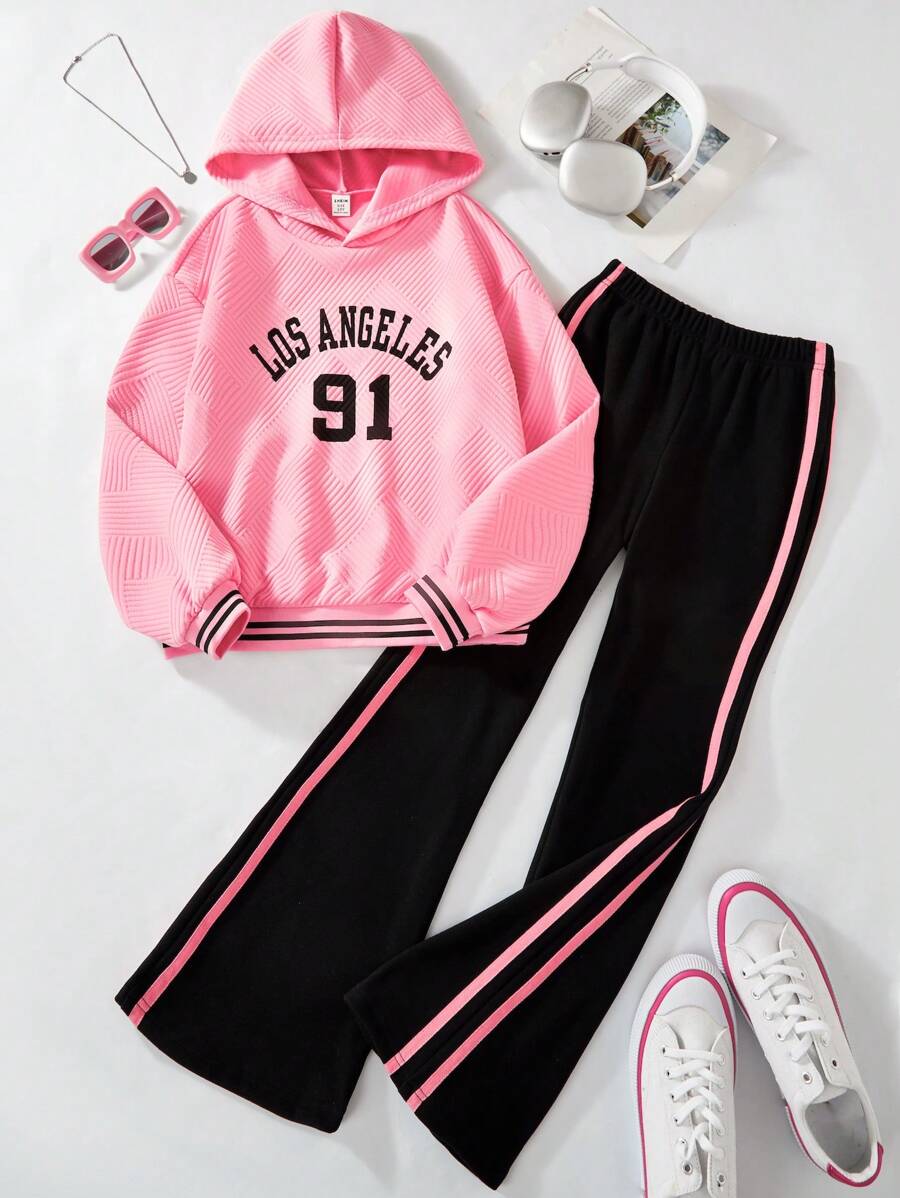 SHEIN Conjunto informal para niña preadolescente de sudadera con capucha en jacquard y pantalones acampanados de terciopelo