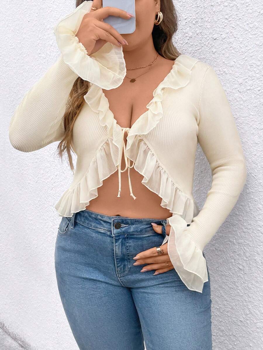 Celure Cárdigan abierto con volantes en las mangas y amarre delantero para mujer de talla grande