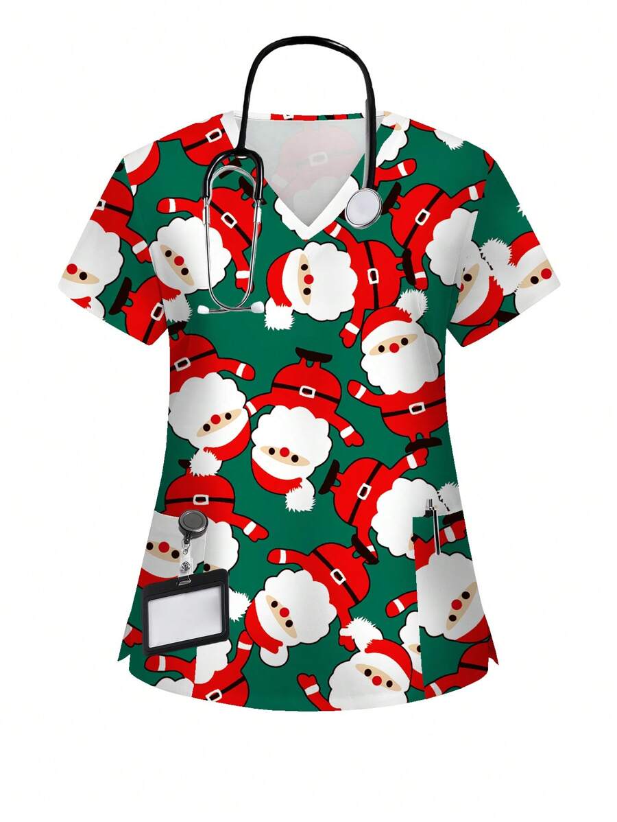 PopScrub Plus Size Vrouwen Kerstmis Cartoon Kerstman Print Verpleegkundige Scrub Uniformen Top, Groene Achtergrond Met Rood & Wit