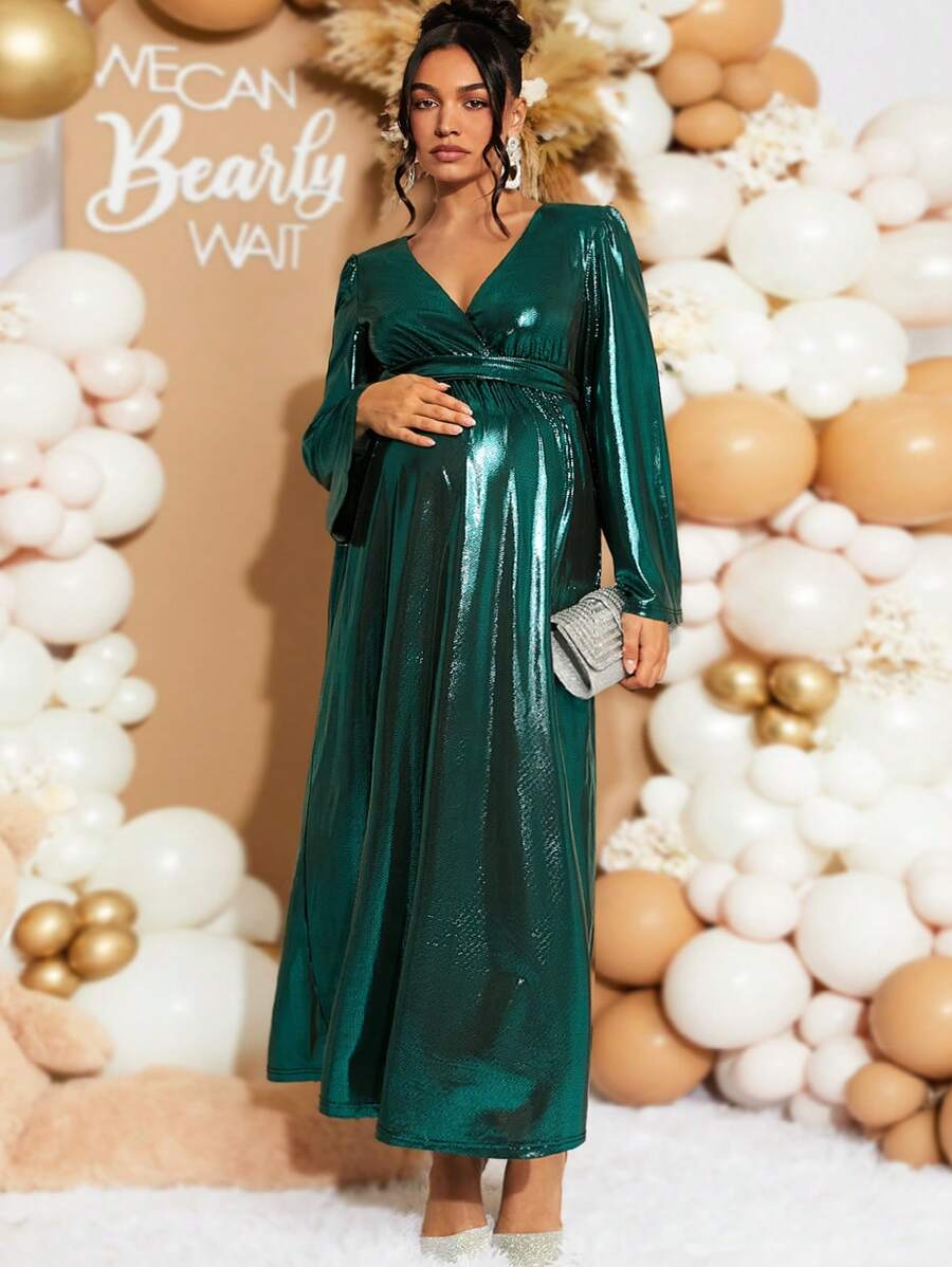 Loomaby Elegante vintage V-hals jurk met geplooide taille voor een zwangerschapsfeest