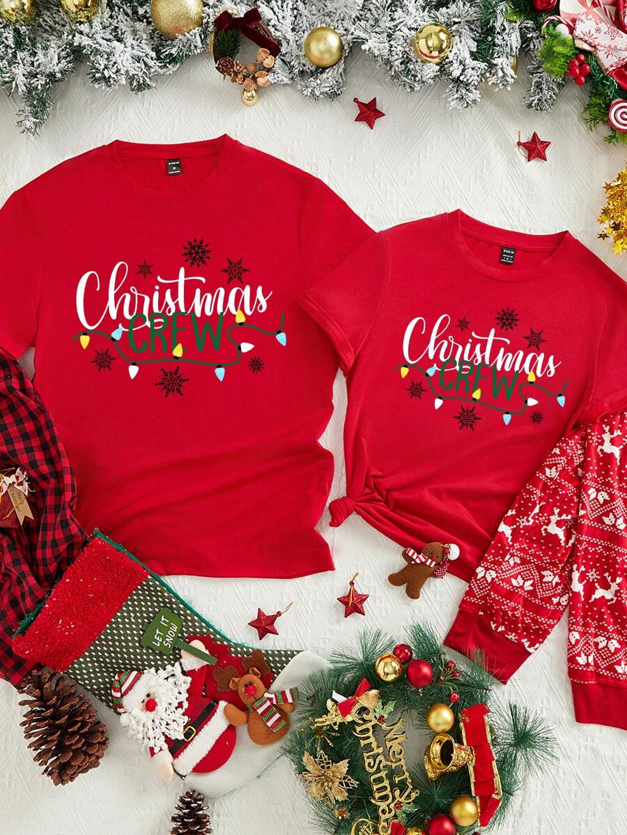 SHEIN Essnce Christmas Crew Lights Shirt, Christmas Crew Sweatshirt, Merry Christmas Lights Shirt, Xmas Shirt, Christmas Gift, Christmas Holiday Gift,Casual Simple Christmas Loose Fit Crew Neck Short Sleeve T-Shirt For Women, Suitable For Summer