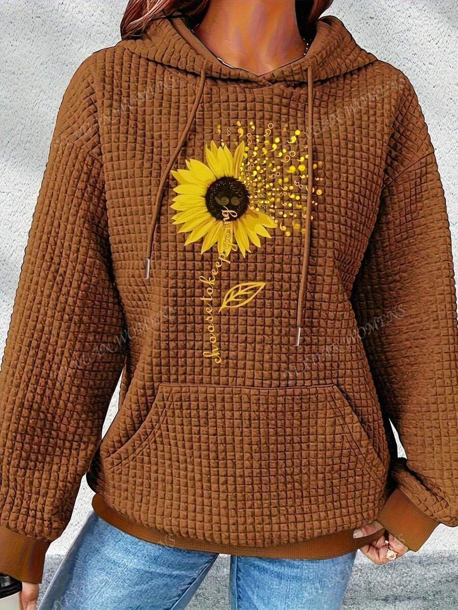 Women's Plus Size Casual Hoodie, Small Square Checkered Sunflower Print Hoodie