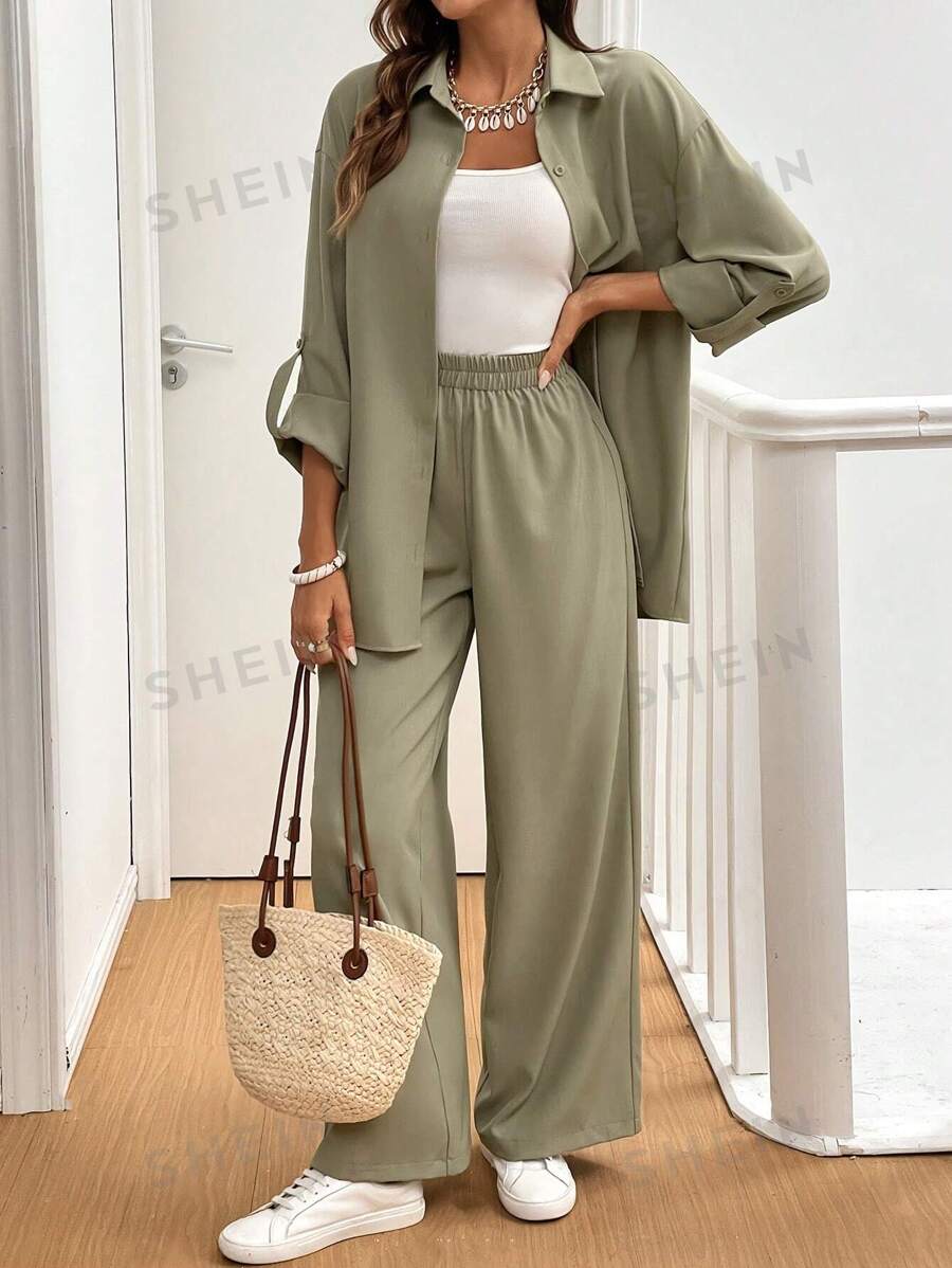 SHEIN Frenchy Conjunto de invierno para mujer: Blusa de unicolor con manga enrollable y abotonada sencilla, y pantalón de pierna ancha. Conjunto de ropa de mujer, atuendo de mujer para otoño e invierno, conjunto de dos piezas de manga larga