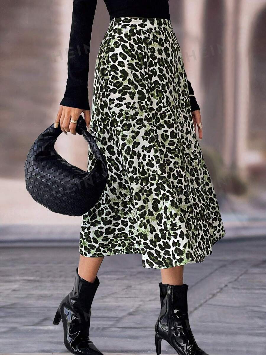 Chiquease Falda de línea A casual con estampado de leopardo para mujeres