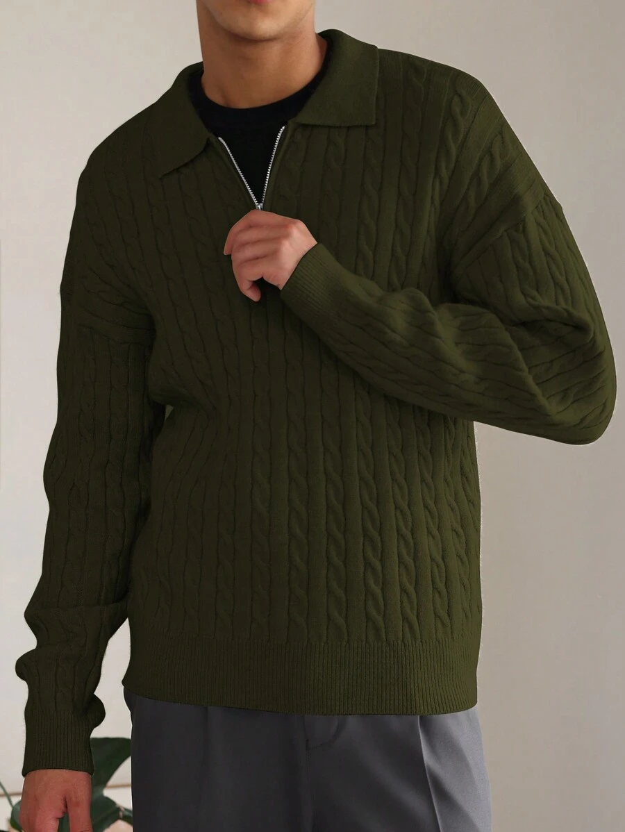 Manfinity Hypemode Men's Solid Color Front Zipper Long Sleeve Simple Knitwear, Casual For Daily Wear