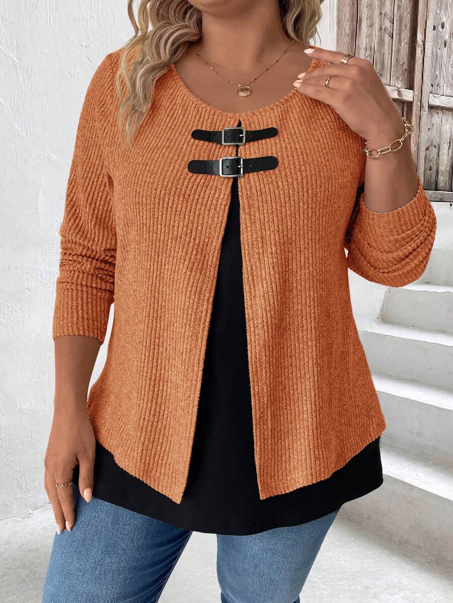 EMERY ROSE Women Plus Size Casual Contrast Color Button Detail Pullover Top, Autumn
