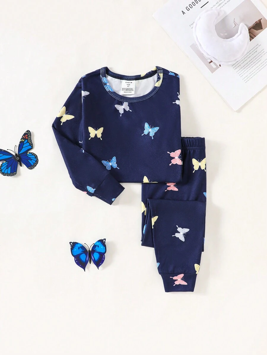 SHEIN 2pcs/Set Young Girl Snug Fit Butterfly Pattern Round Neck Raglan Sleeve T-Shirt And Soft Comfortable Brushed Pajama Pants Sleepwear Set