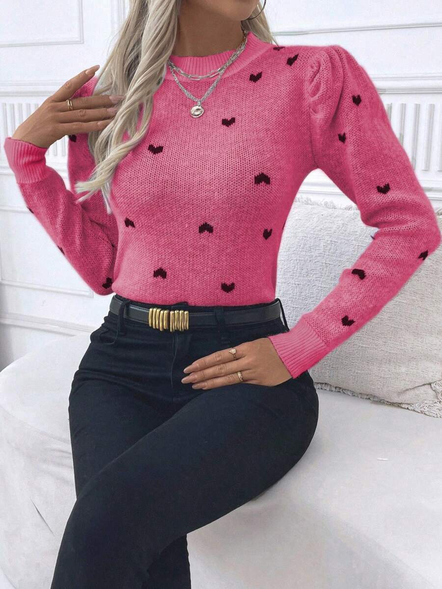 SHEIN Clasi Pull ajusté à manches bouffantes avec motif jacquard en forme de cœur, pour l'automne/hiver, style décontracté