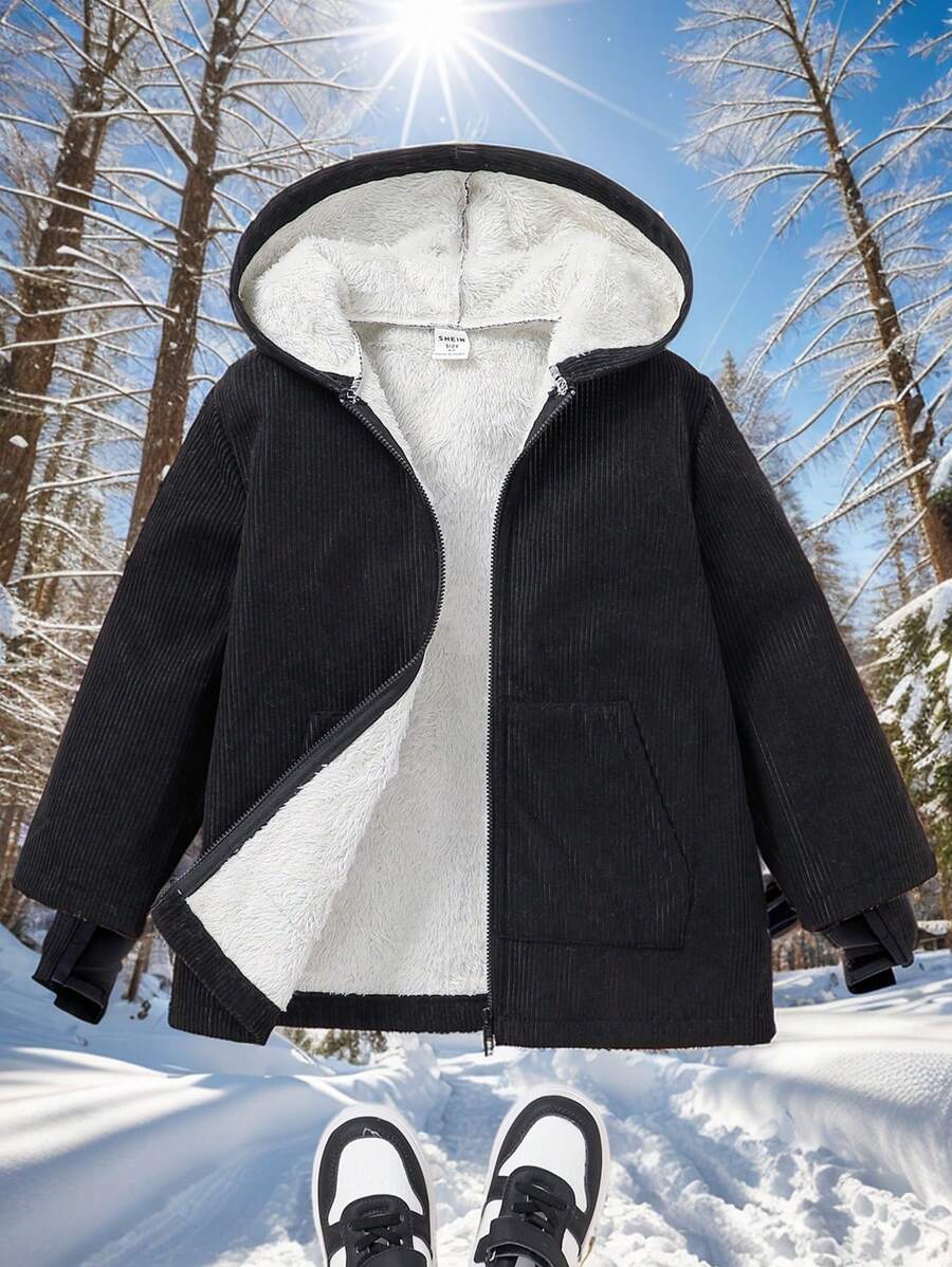 1pc Young Boys Casual Hooded Jacket, Thick Thermal Lined , Black, Practical, Suitable For Commute, School, Daily Casual, Kid Outfits, Young Boy Clothes, Back To School, School Uniform, Kindergarten, Birthday Party, Ceremony, Wedding, Christening, Suitable For School, Travel, Sports, Fall, Winter
