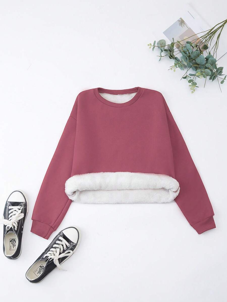 EMERY ROSE Casual Solid Color Round Neck Fleece Sweatshirt, Autumn/Winter,Long Sleeve Tops
