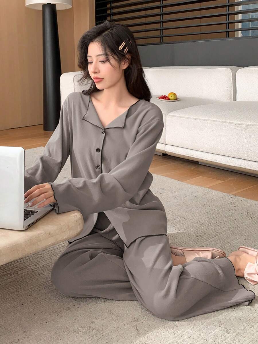 DAZY Simple Front Open Long Sleeve Pajama Set