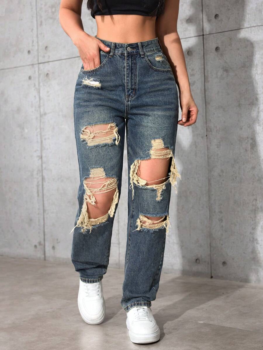 SHEIN EZwear Women Pocket Distressed Straight Leg Loose Casual Versatile Denim Jeans