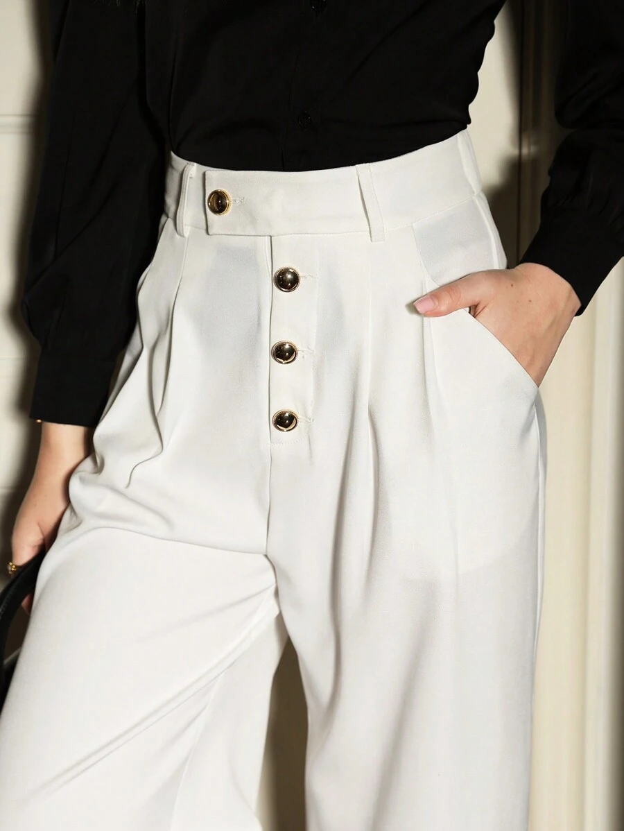 Vintamour Retro Elegant Women Metal Button Pocket White Straight Leg Pants, Ankle Length, Autumn/Winter Winter Women Clothes Thanksgiving Women Outfit Professional Clothes Women Clothes Professional Clothes White Women Dresses Women Clothes New Years