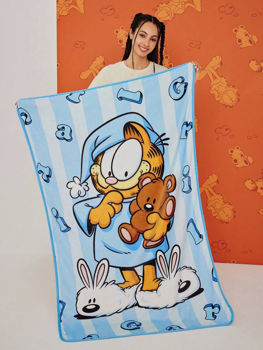 GARFIELD X SHEIN Cute Cartoon & Letter Print Contrast Stripe Throw Blanket