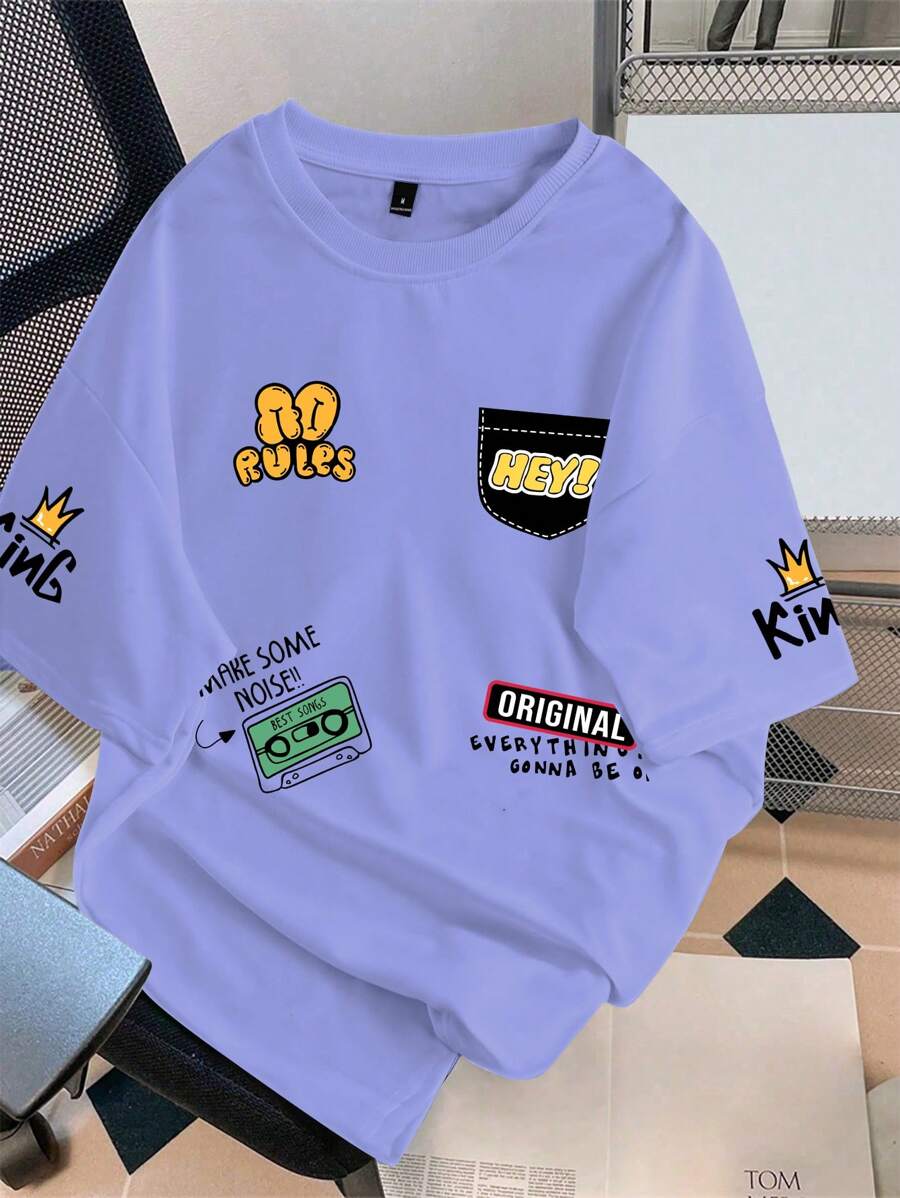 Manfinity Hypemode maglietta estiva ampia da uomo con grafica di cartoni animati e slogan, spalle scoperte