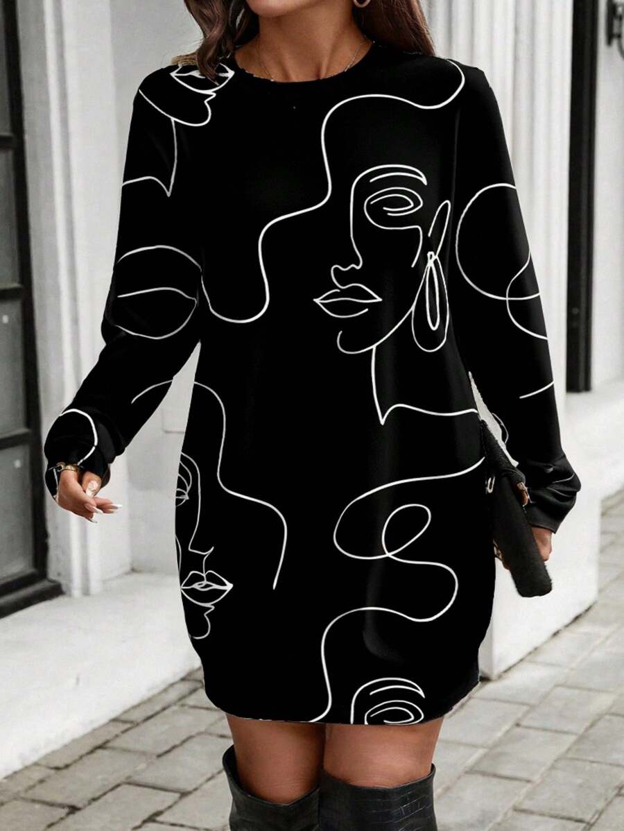 SHEIN LUNE Plus Size Women Graphic Print Long Sweatshirt Dress, Artistic Line Drawing Portrait Design, Suitable For Autumn/Winter