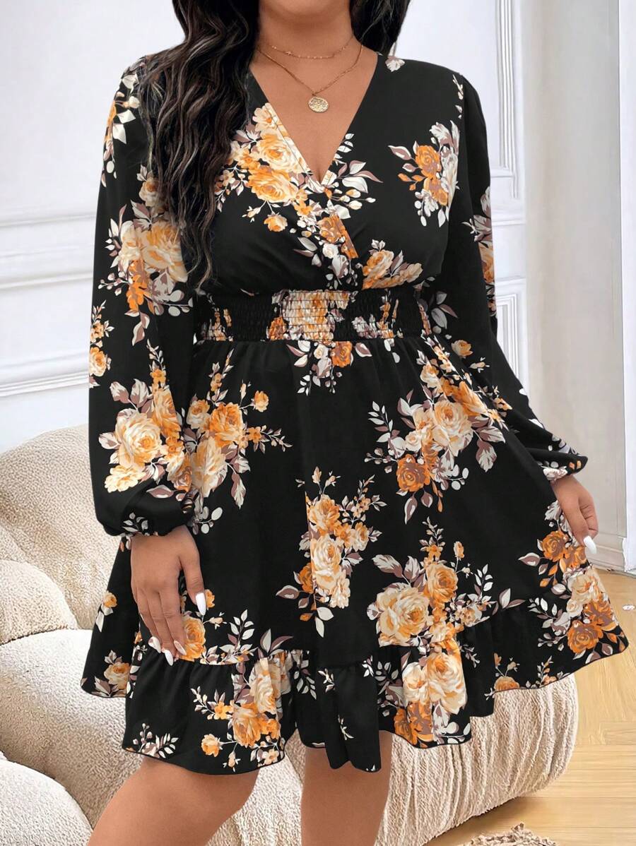 SHEIN LUNE Plus Size Floral Print Lantern Sleeve Dress, Elegant For Autumn Fall Cloth For Women