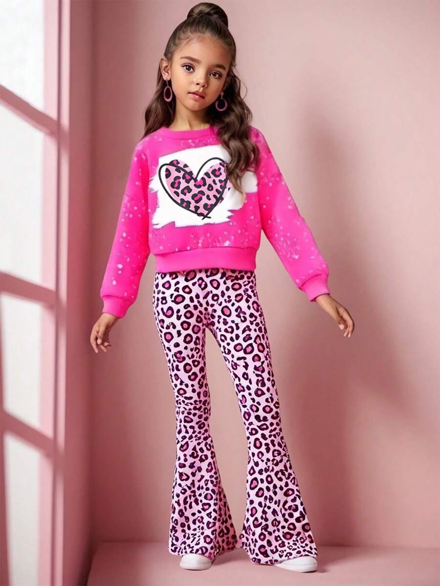 SHEIN 2 piezas Conjunto de sudadera con estampado digital de corazón y pantalones acampanados con cintura elástica para niña joven, primavera otoño