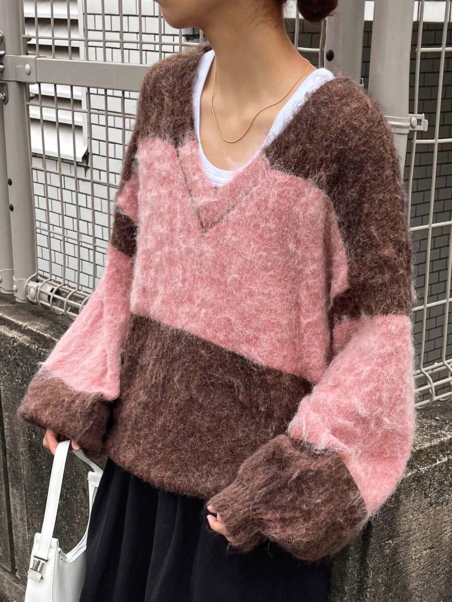 FRIFUL Women Casual Contrast Color Patchwork Dropped Shoulder Loose Sweater, Autumn/Winter