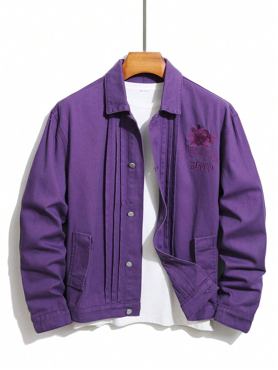 Manfinity Hypemode Chaqueta vaquera casual con manga larga, botones delanteros y bordado floral para hombres