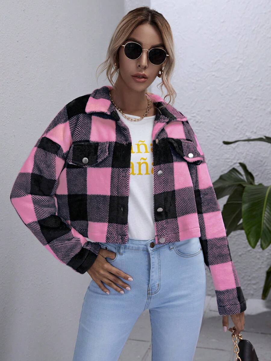 Chiquease Women's Plaid Drop Shoulder Long Sleeve Single-Breasted Cropped Casual Jacket, Autumn