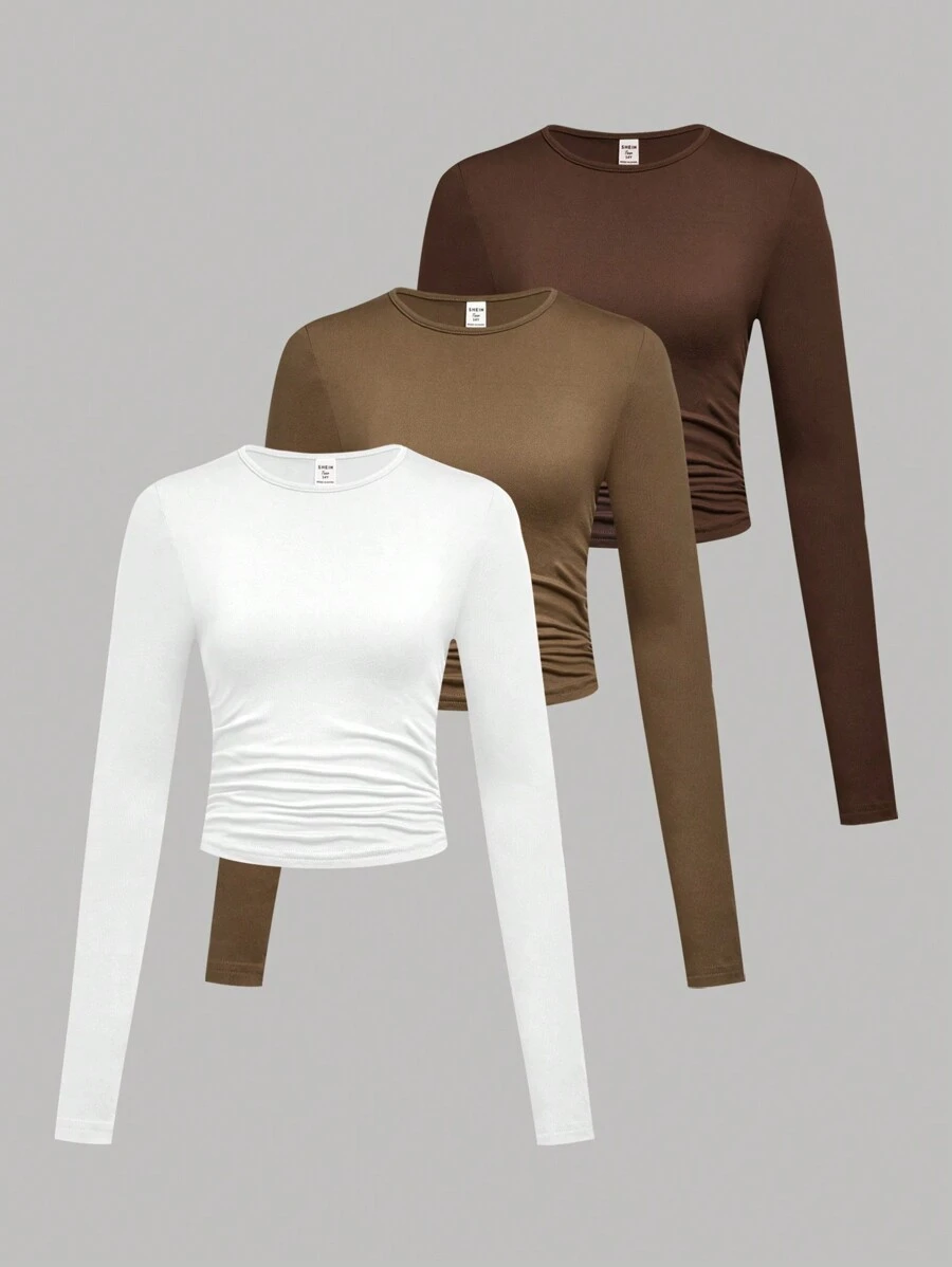 SHEIN Girlism 3pcs Teen Girl Solid Round Neck Floucing Casual Long Sleeve T-Shirt Set