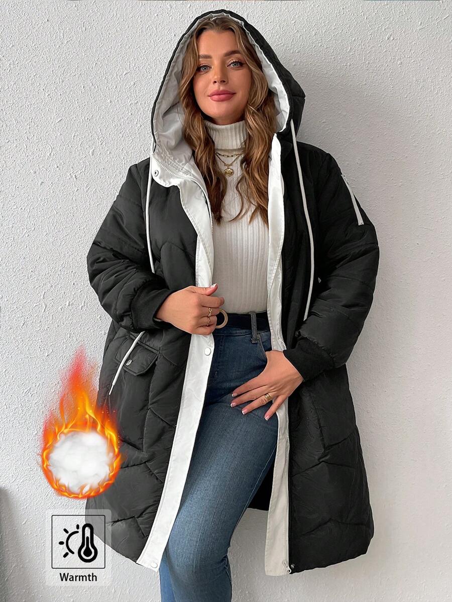SHEIN LUNE Plus Size Color Block With Pocket Hooded Winter Clothes Long Sleeve Padded Padded Coat