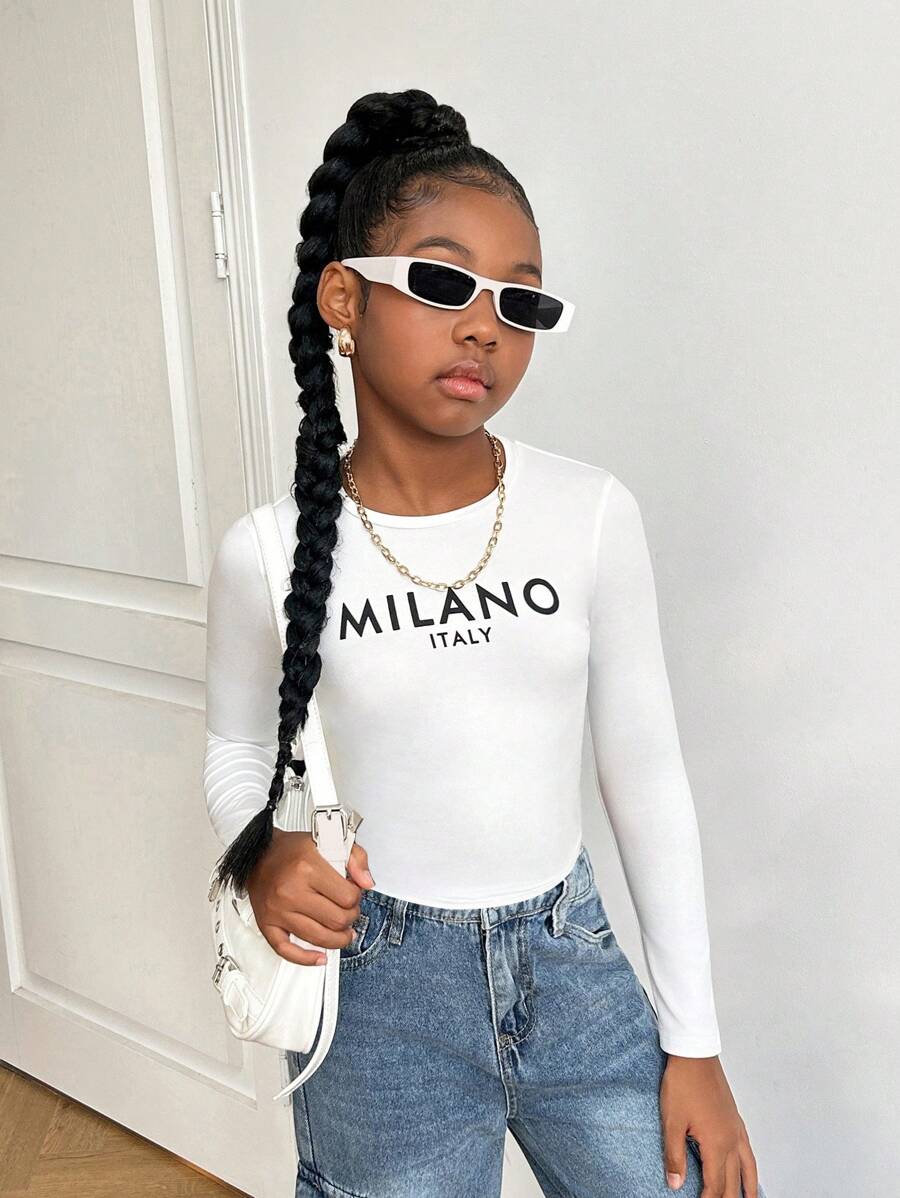 SHEIN Tween Girl Letter Graphic Cropped Crew Neck Long Sleeve Tight T-Shirt, Suitable For Spring, Autumn And Winter