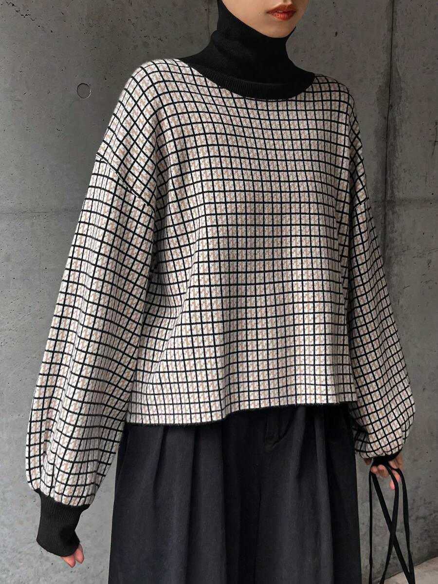 FRIFUL Women's Autumn Baggy Drop Shoulder Long Sleeve Plaid Knitted Sweater