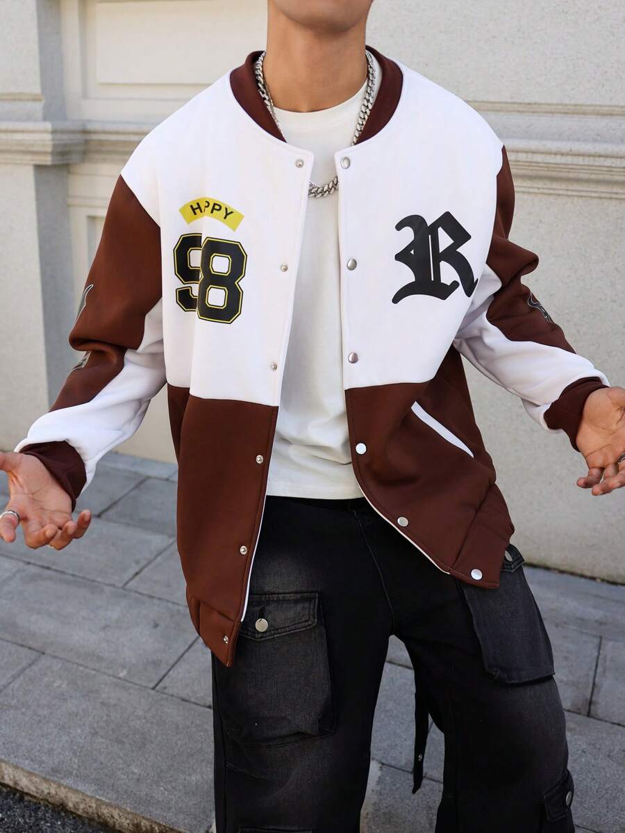 Manfinity Homme Heren Color Block Letter Print Lange Mouw Single-Breasted Casual Baseballjack, Herfst