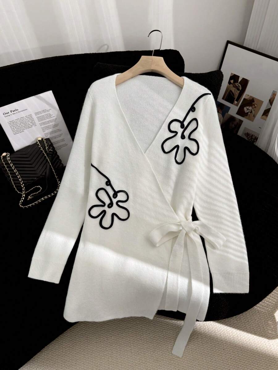 SHEIN Clasi Casual Floral Crochet Wrap Tie-Front Cardigan, Fall/Winter White Cardigan Sweater ,Fall Women Sweaters, 3D Flower,Warm Soft Sweater