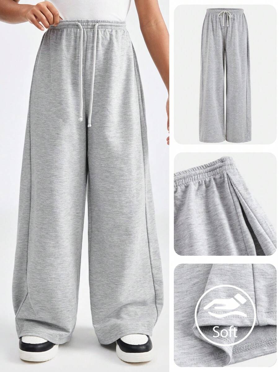 SHEIN Pantalón de chándal informal con cintura con cordón y pierna ancha de color gris para niña preadolescente