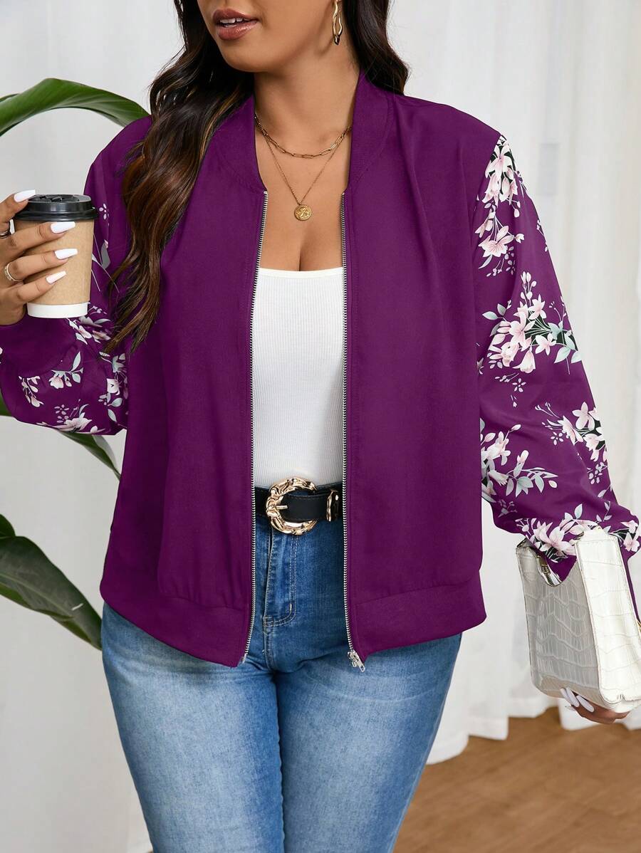SHEIN Frenchy Plus Size Floral Print Splicing Baseball Jacket