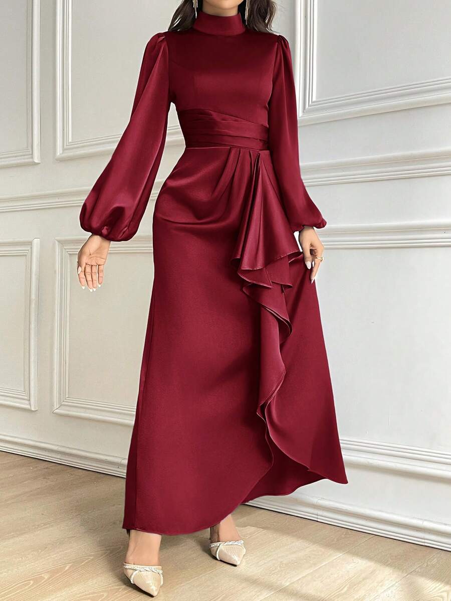 Modelyn Women Solid Color Stand Collar Ruffle Trim Elegant Long Sleeve Dress Long Evening Dresses