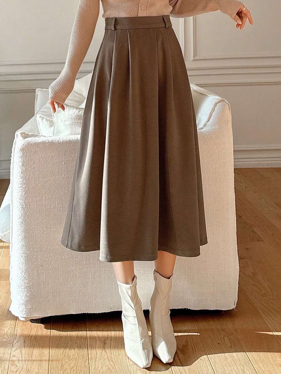 DAZY Casual Solid Color Pleated Mid-Length A-Line Skirt, Autumn