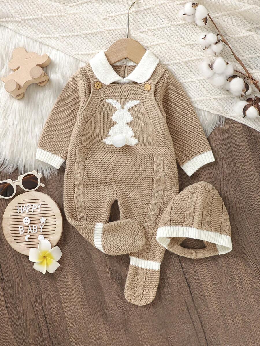 SHEIN 3-delige gebreide peuterset: trui met lange mouwen en kraag, jumpsuit met konijnenbandjes en muts, lichtblauw