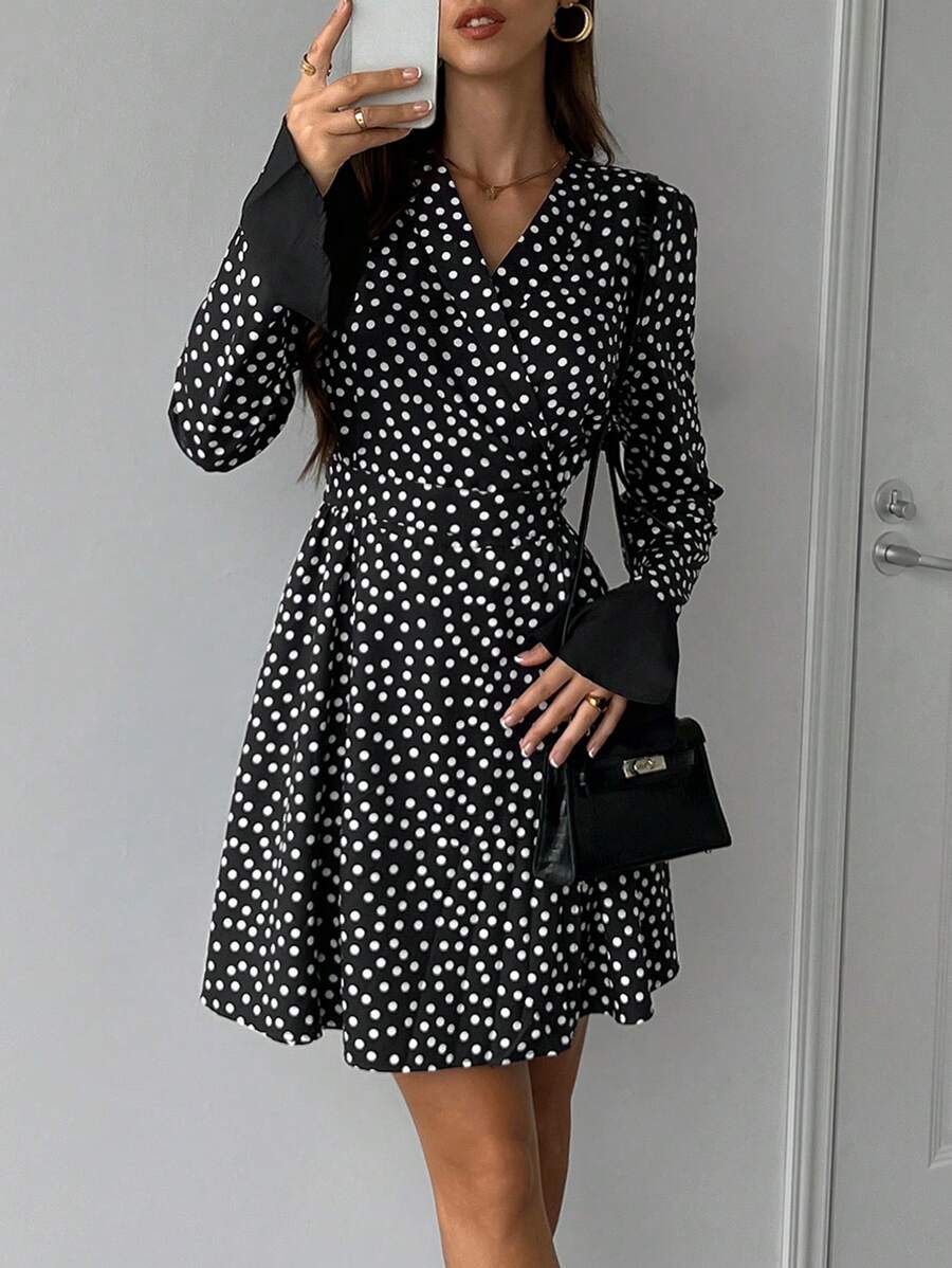 INAWLY Women's Casual V-Neck Polka Dot Print Mini Dress, Autumn