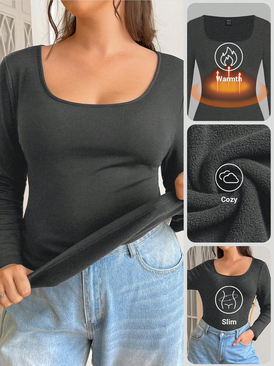 SHEIN EZwear Plus Size Vrouwen Dik Warm Rekbaar Fluwelen Gevoerd Strak Fit T-shirt, Herfst/Winter Thermisch