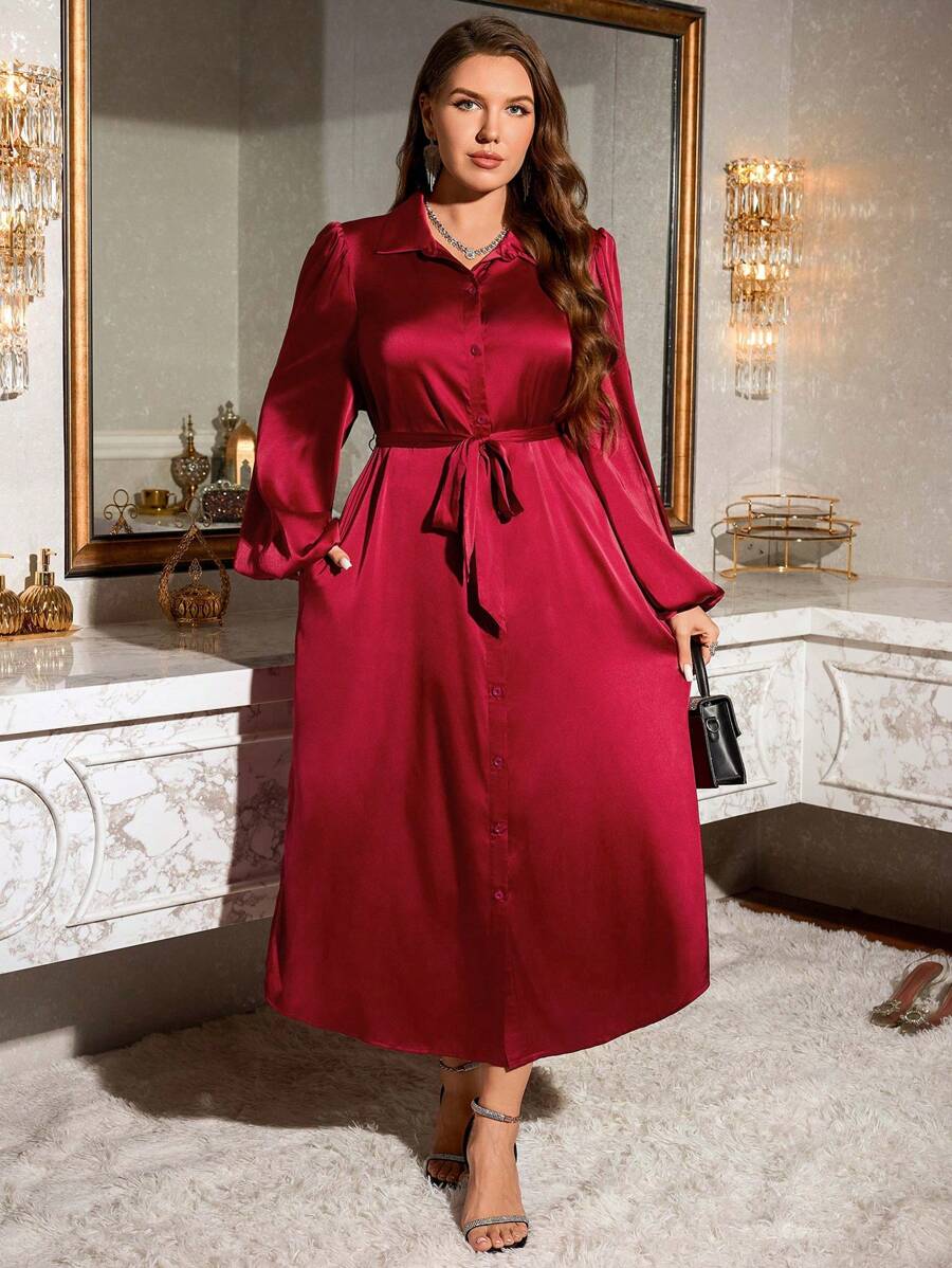 SHEIN Essnce Plus Size Women's Spring And Summer Fall Women Dresses Christmas Women Clothes Party Women Dresses Formal Women Dresses Formal Dress Christmas Women Dress New Year Eve Dress Red Christmas Dress Christmas Dress Business Casual Women Elegant Women Dresses Holiday Dress Thanksgiving Dress Thanksgiving Outfit Christmas Party Dress Fashionable And Elegant Party Satin Long Shirt Dress, Pocket Dress, Burgundy Dress Women Blouses Dress