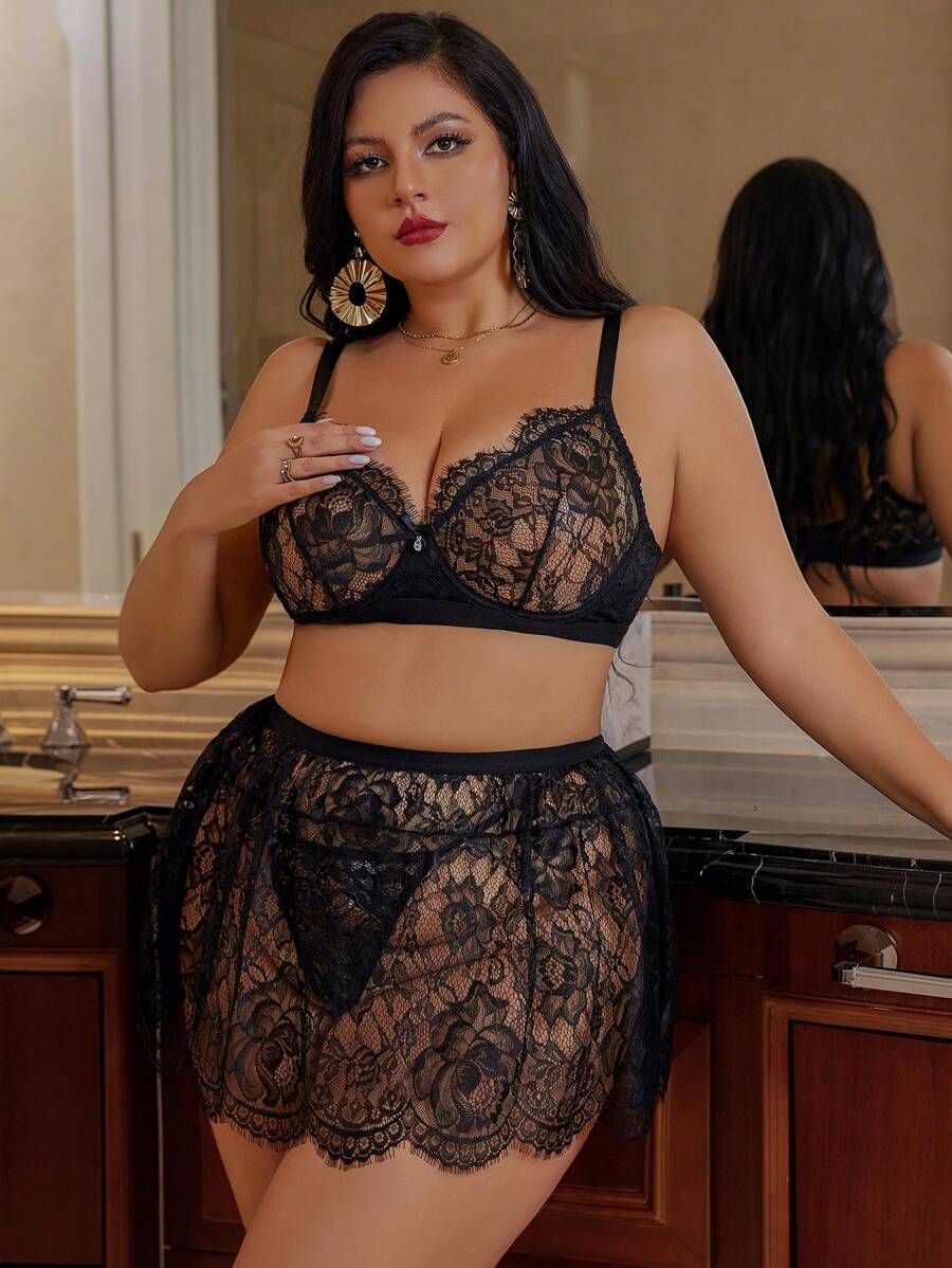 Set de 3 piezas de lencería sexy de encaje transparente con aros para mujer de talla grande