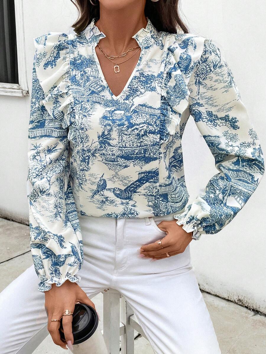 Chiquease Blouse met lange mouwen, ingekerfde v-hals en ruches met volledige print