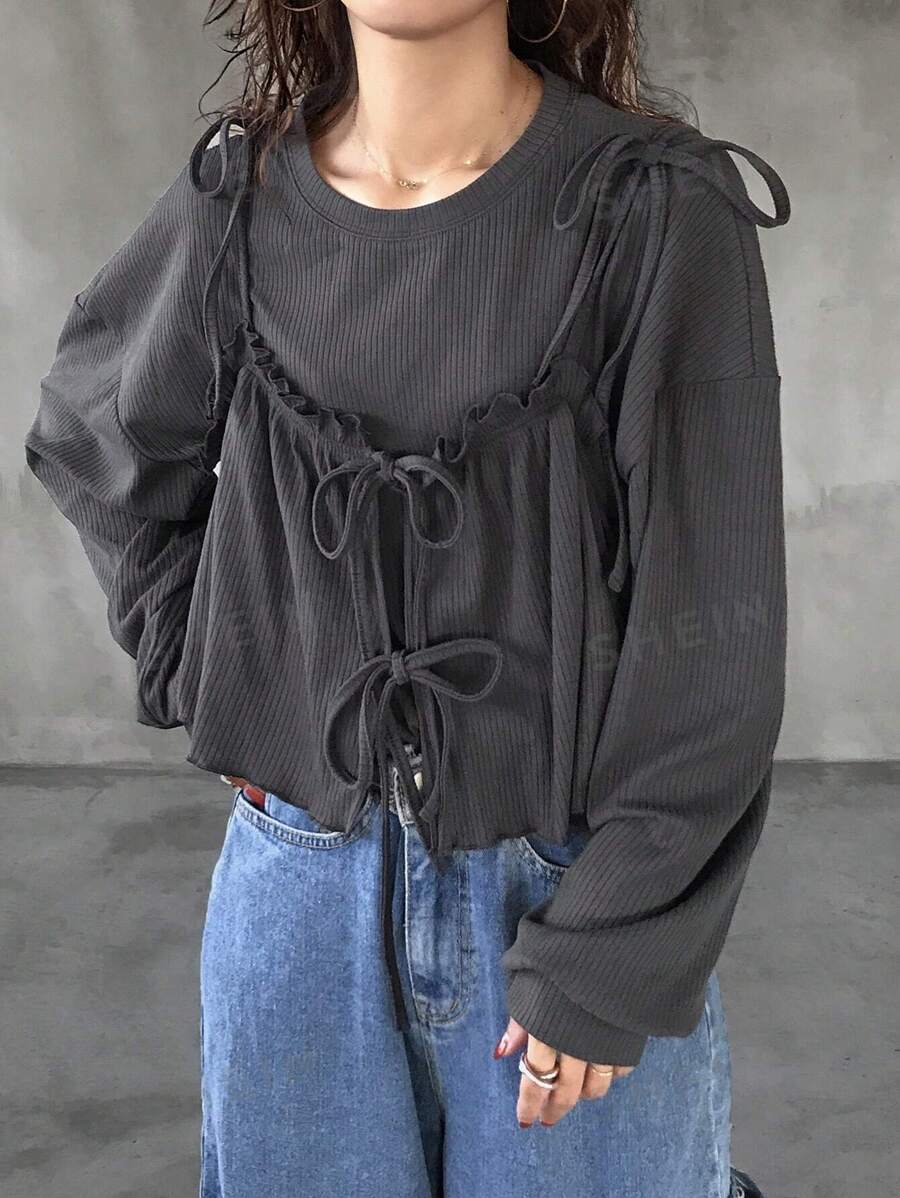 FRIFUL Set de 2 piezas para mujer: Blusa de mangas farol de punto liso y top de tirantes anudados en los hombros