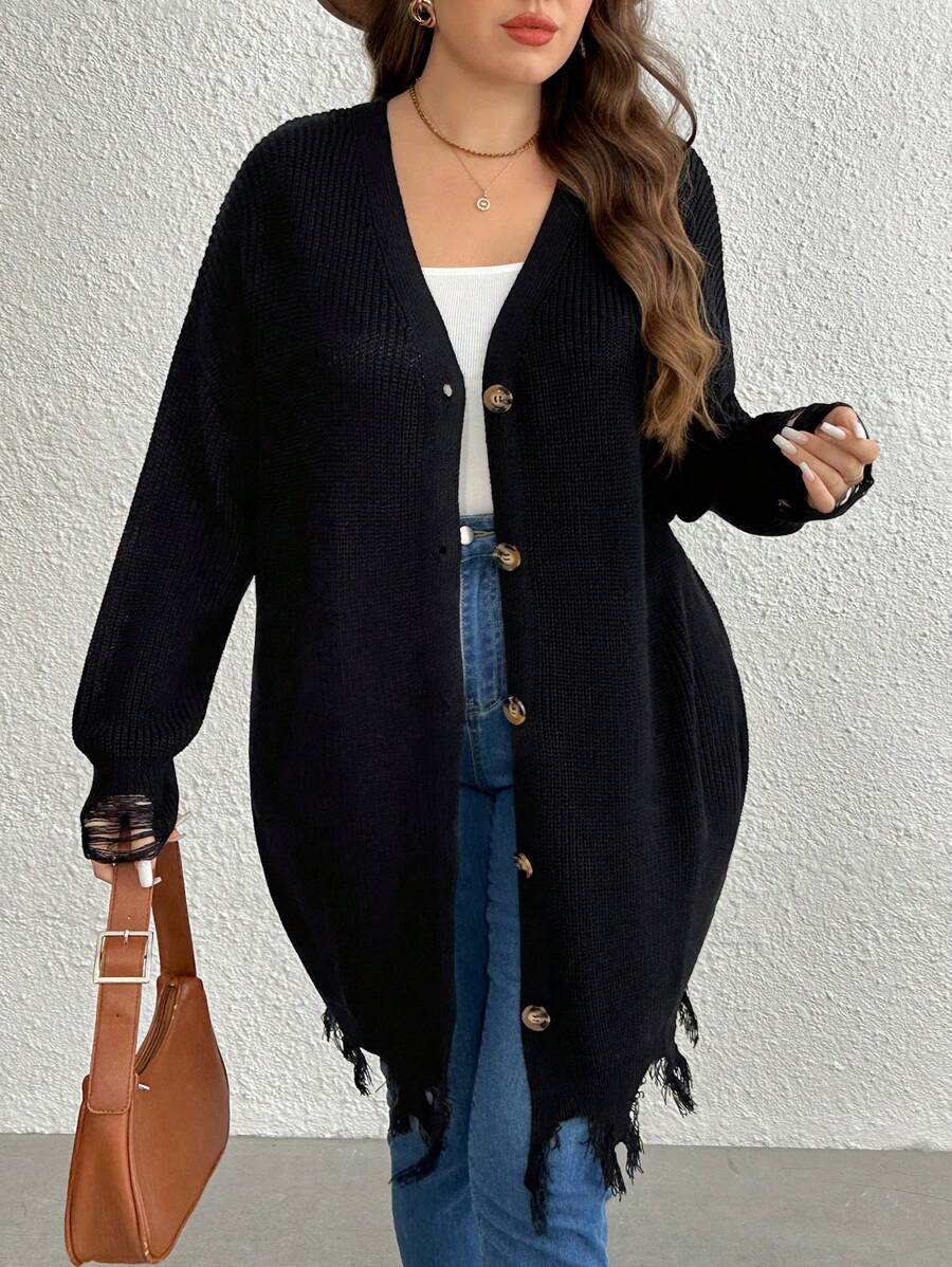 SHEIN LUNE Plus Size Black Solid Color Front Button Ripped Fringe Trim Casual Long Sleeve Knit Cardigan