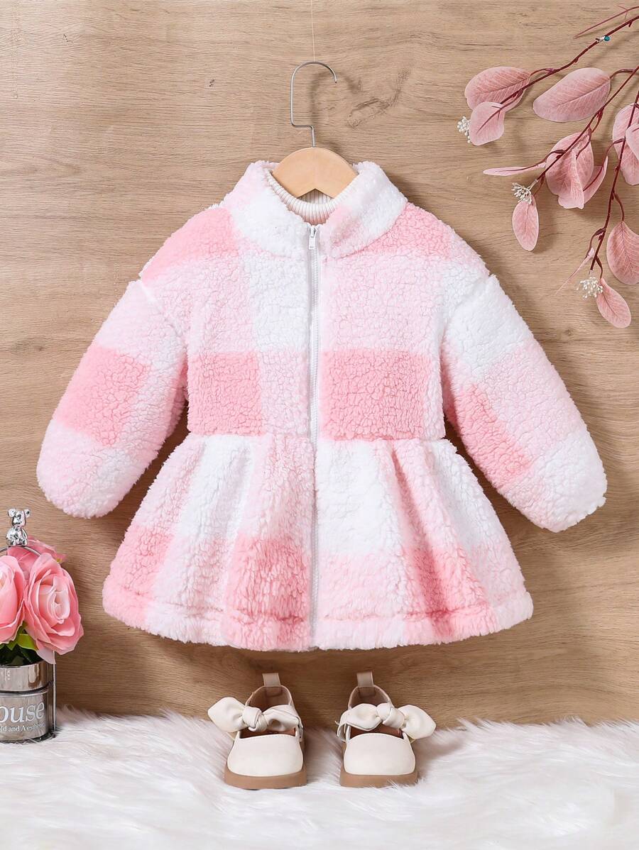 Gestrickte karierte flauschige Jacke mit Kapuze für Kleine Mädchen