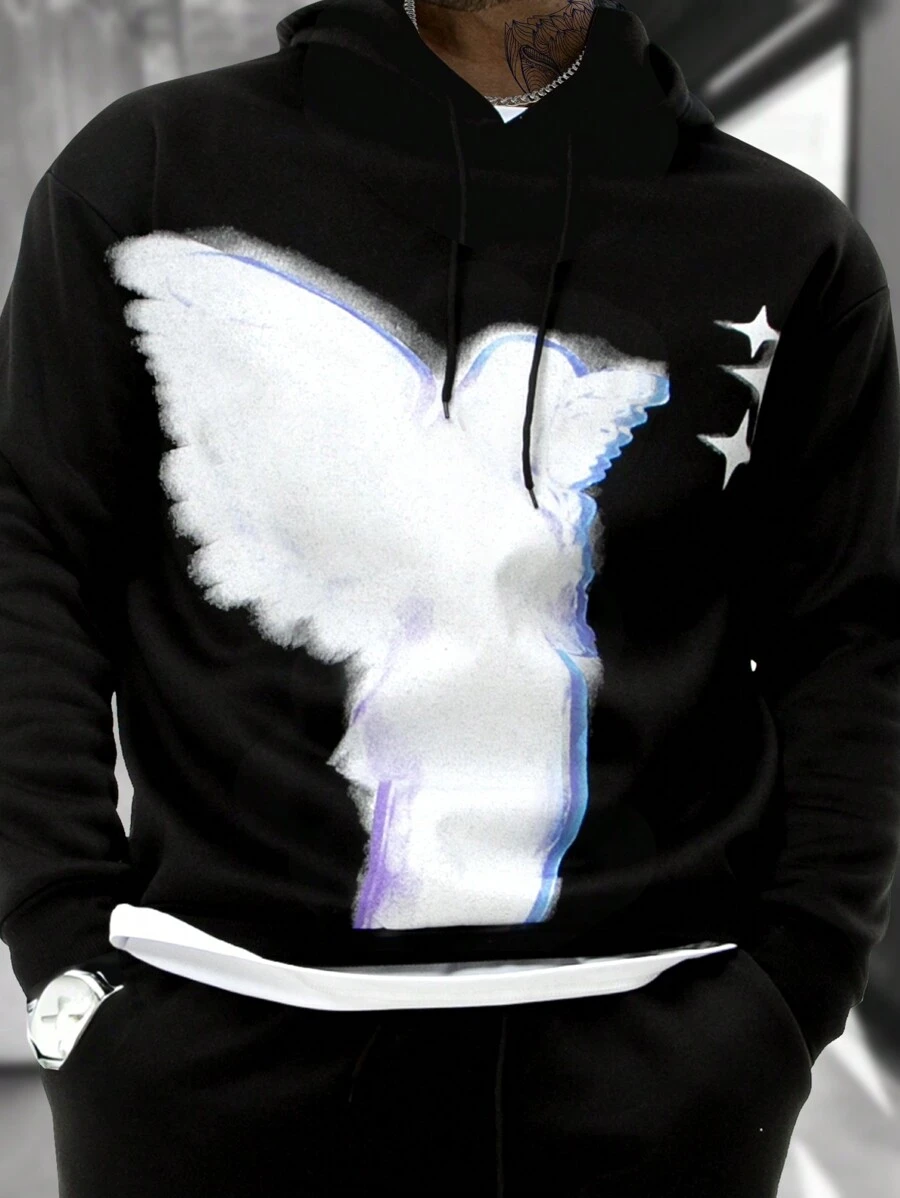 Manfinity EMRG Loose Fit Men's Angel Graphic Print Long Sleeve Drawstring Hoodie, Autumn/Winter